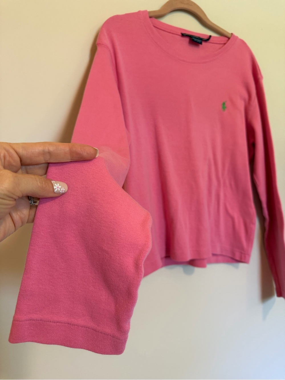Vintage Ralph Lauren Women’s Bright Pink Long Sleeve Crewneck with Green Pony - Picture 2 of 5